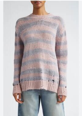 Acne Studios Distressed Striped Mohair Blend Sweater - Pink & Gray, Size L